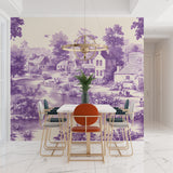 Vintage purple landscape wallpaper installation in a home office space