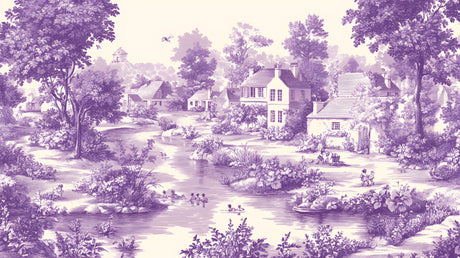 Purple village landscape wallpaper design file showing intricate details and pattern repeat