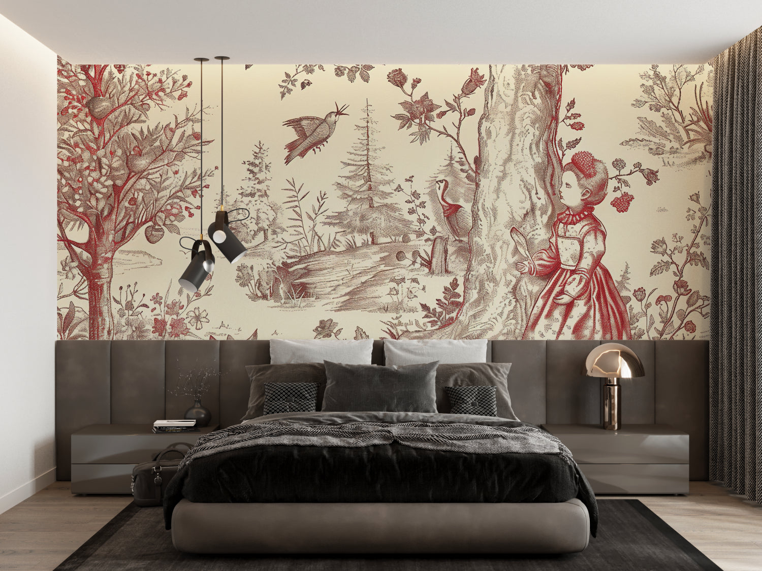 French toile wallpaper pattern showcased in a modern bedroom interior
