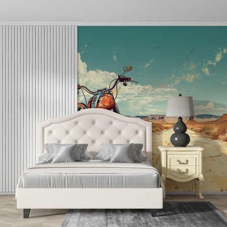 Route 66 motorcycle wallpaper in modern living room showing desert landscape and vintage bike