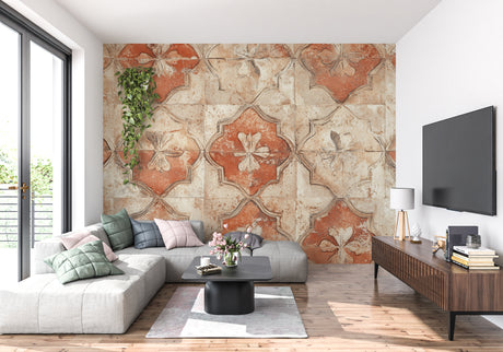 Vintage tile wallpaper creating a warm atmosphere in a modern living room with natural light