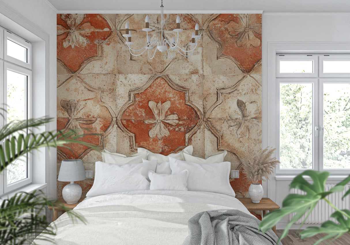 Mediterranean terracotta wall mural adding character to a cozy dining space