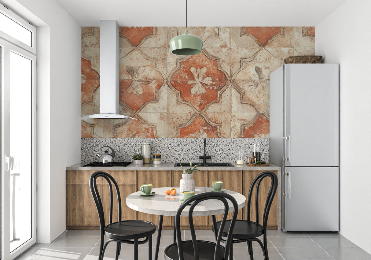 Vintage floral tile pattern bringing warmth to a bright kitchen space