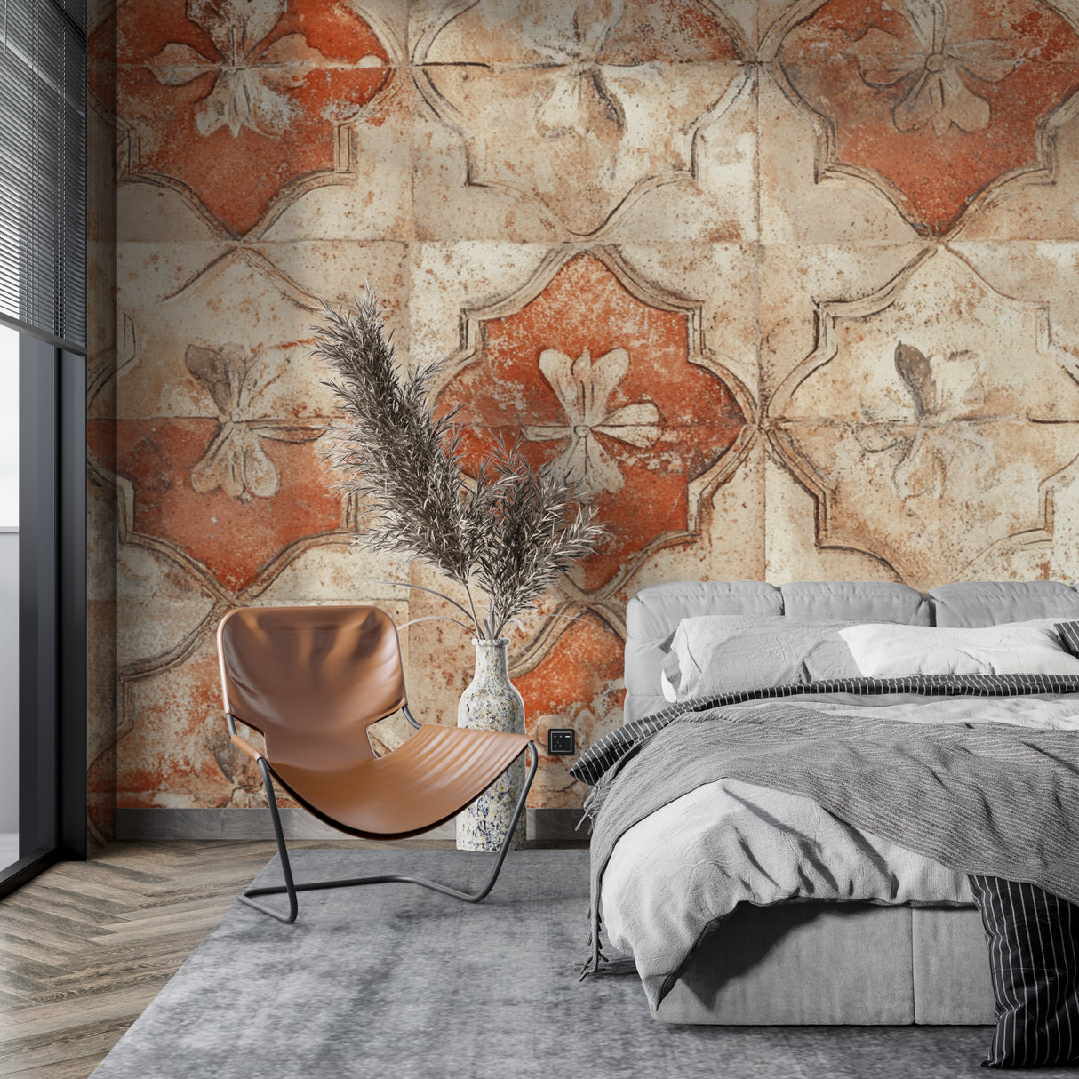 Terracotta tile wallpaper making a statement in a home office setting