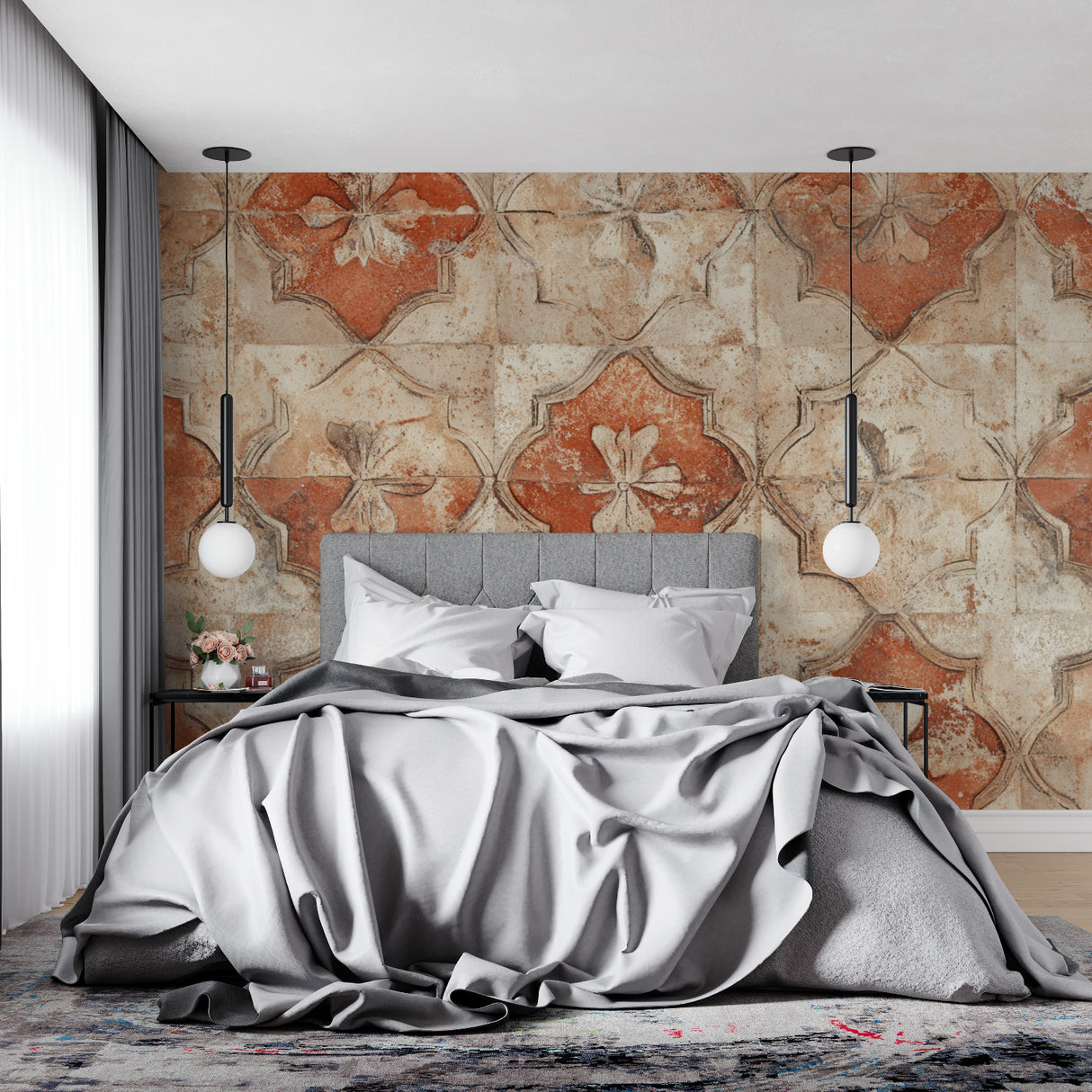 Mediterranean pattern mural creating depth in a hallway space