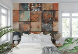 Vintage tile wallpaper in modern kitchen showing terracotta and turquoise pattern