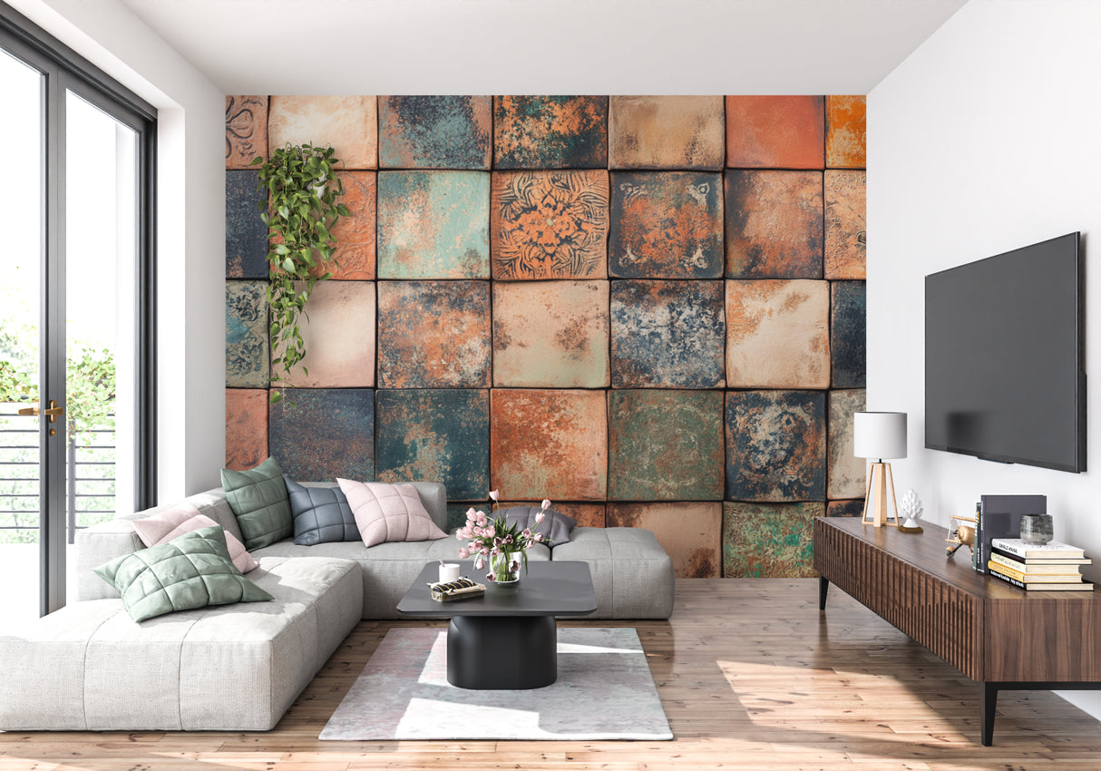 Pattern detail of tile mural in home office setting