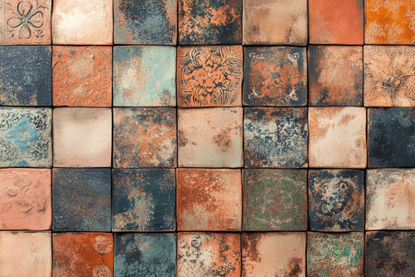 Design file showing full terracotta and turquoise tile pattern with patina effect