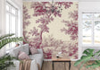 Burgundy Toile de Jouy wallpaper in an elegant dining room with classic furniture and natural light