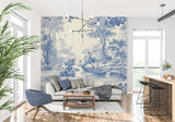 Home office featuring vintage toile wallpaper with delicate bird motifs