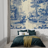 Entrance hall decorated with French countryside toile mural in blue