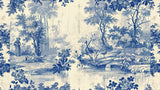 Design file of blue and beige toile pattern with detailed bird and nature scenes