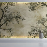 Botanical wallpaper design adding depth to a minimalist bedroom interior