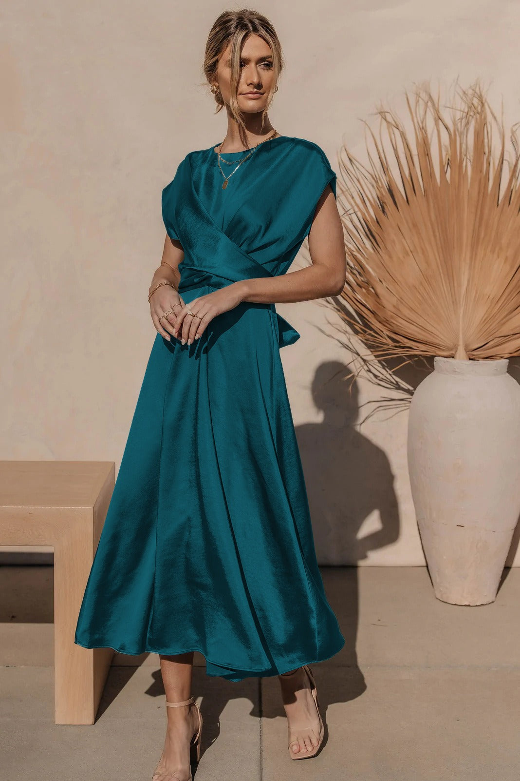 Satin Midi Dress  Elegant Layered Sleeve Design - Product detail 9