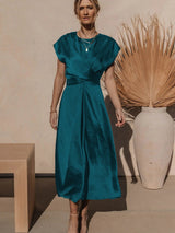 Satin Midi Dress  Elegant Layered Sleeve Design - Product detail 4