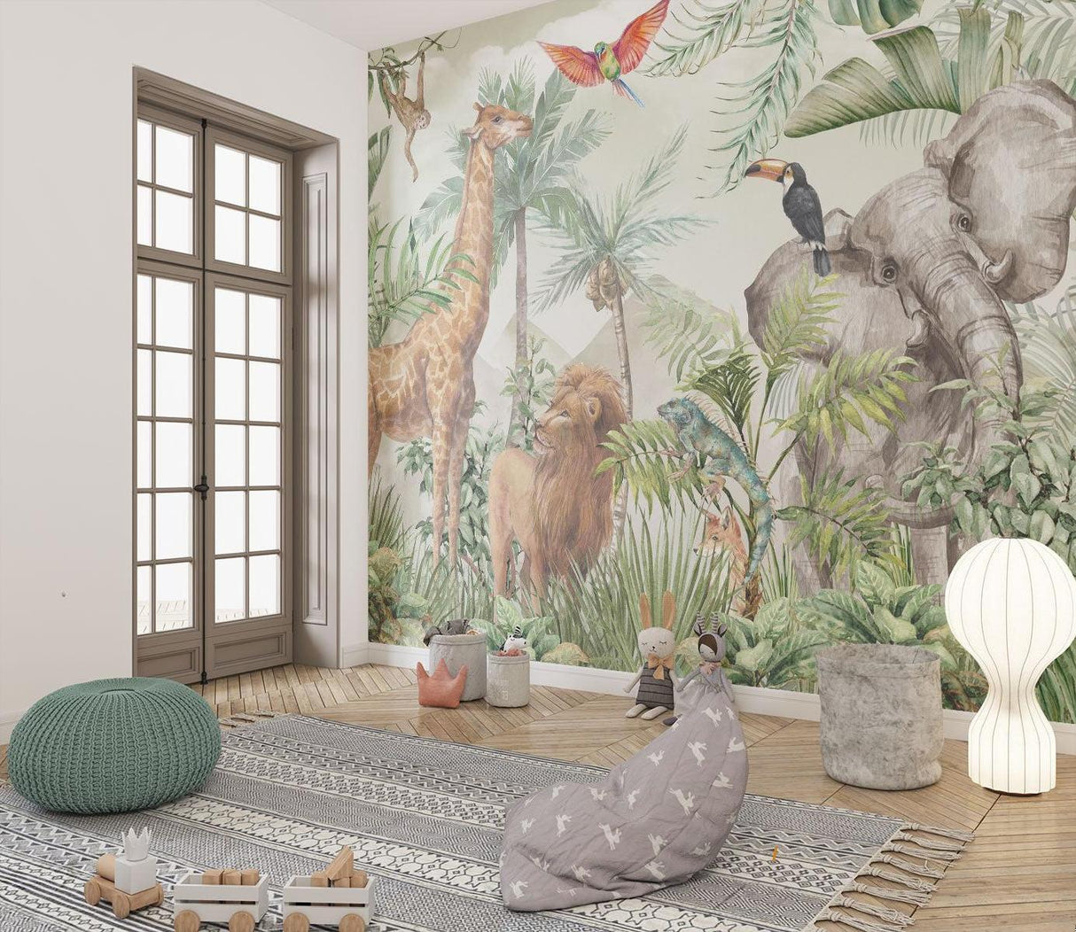 Papier Peint Mural Animaux de la Jungle | Faune Safari avec Feuillage Tropical