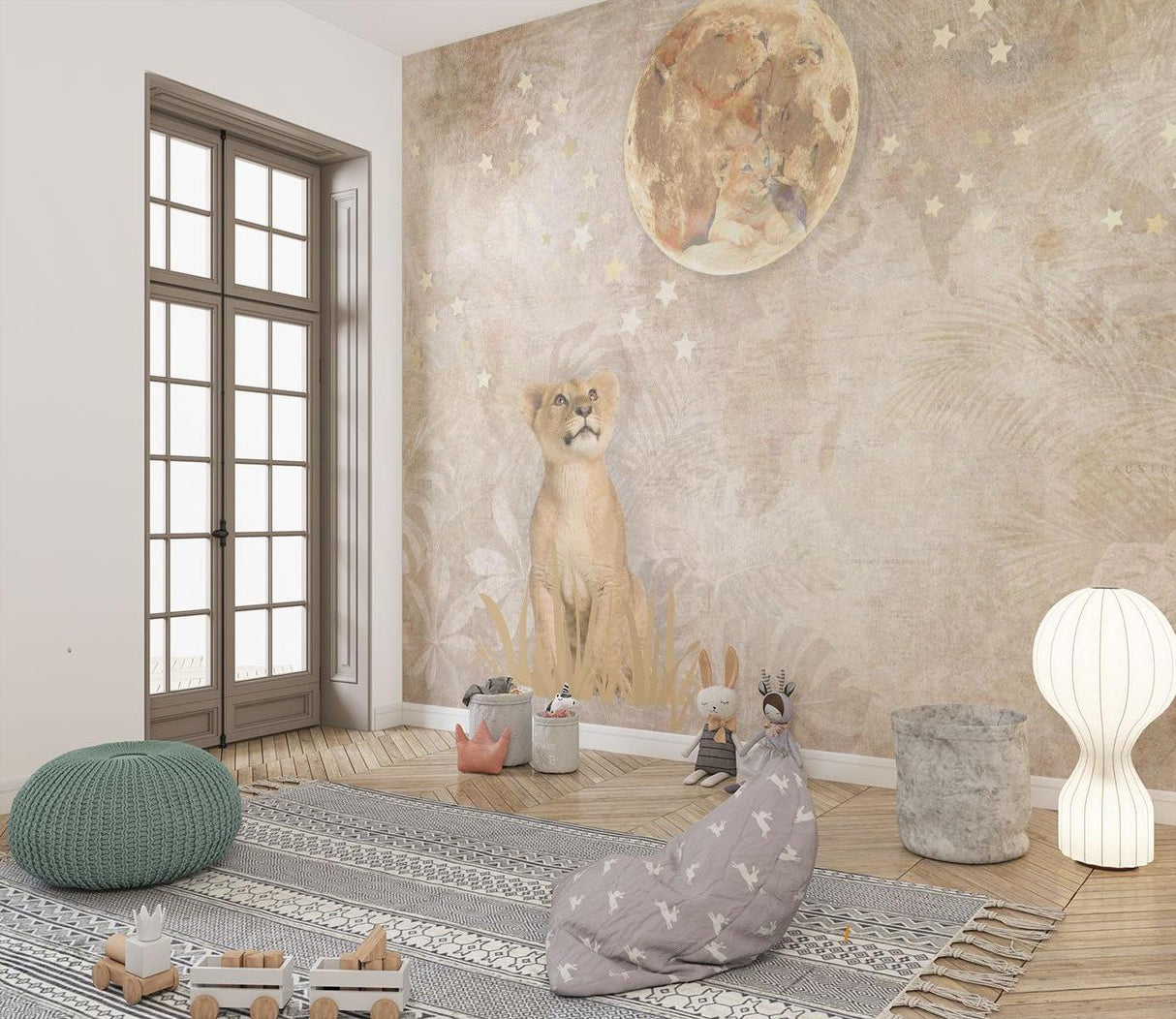 Safari Löwe Tapete | Traumhaftes Mond- und Sternendesign