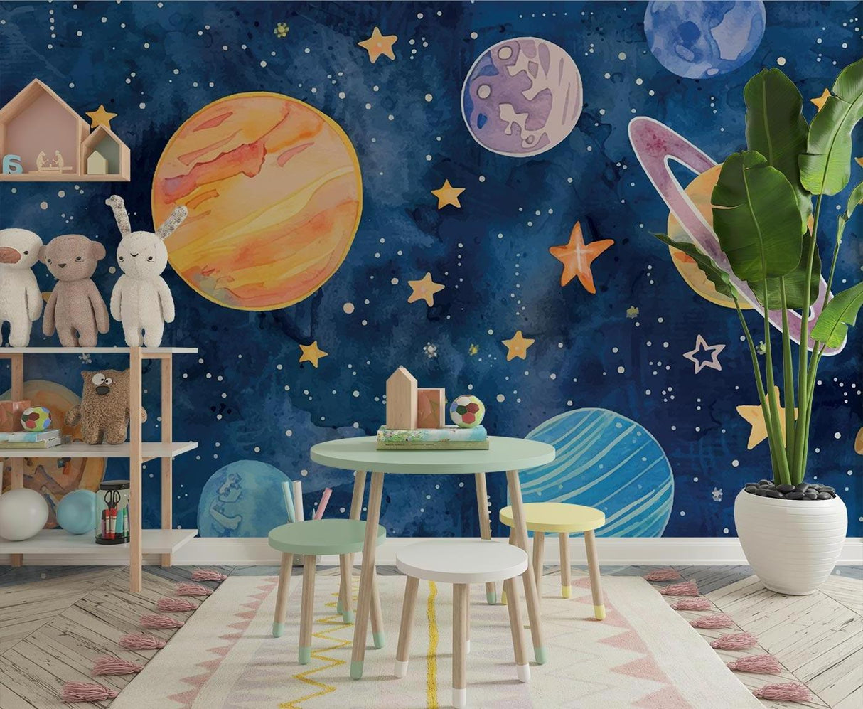 Space Mural Wallpaper | Watercolor Planets and Stars Galaxy