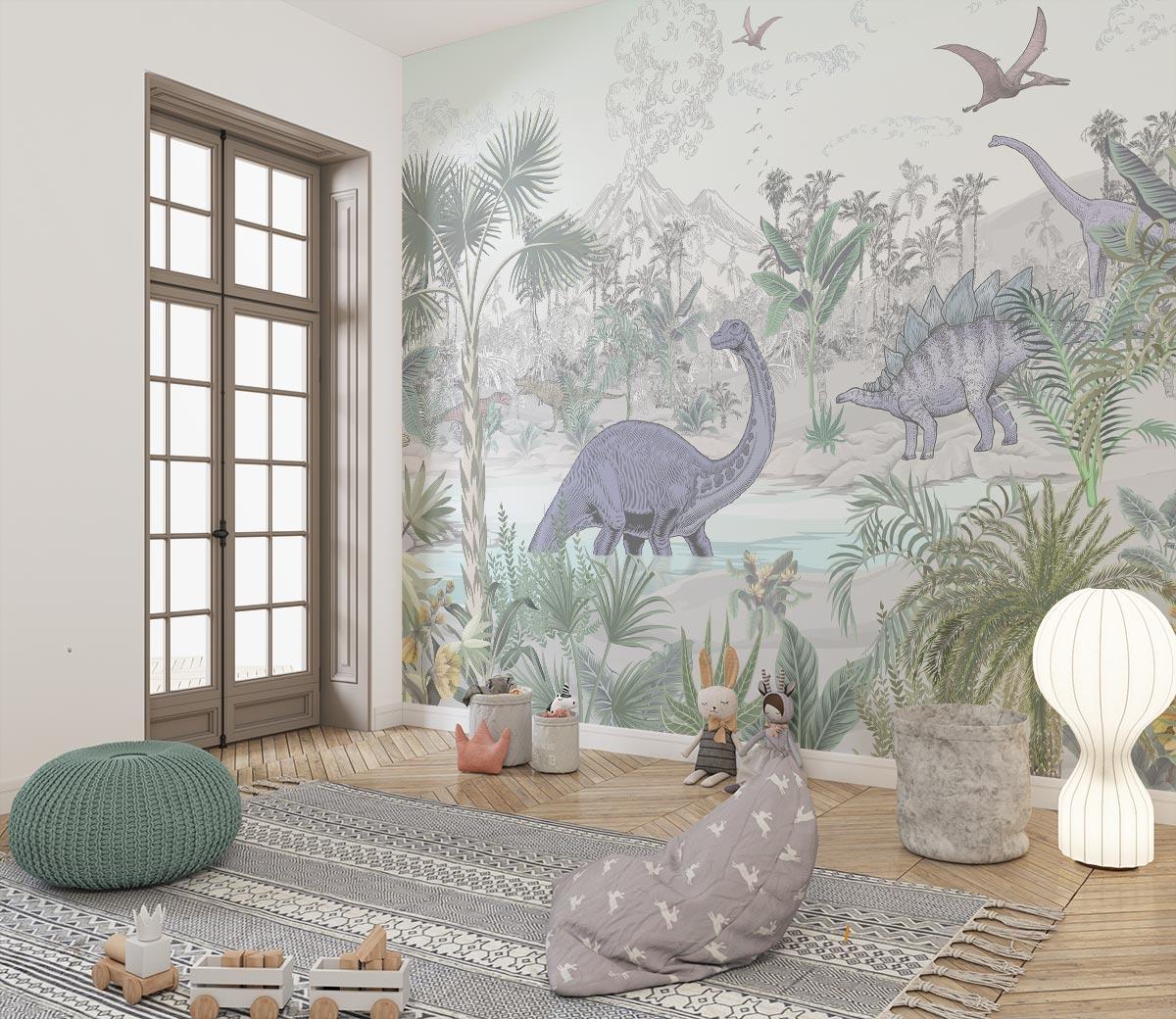 Dinosaur Mural Wallpaper | Prehistoric Jungle Paradise