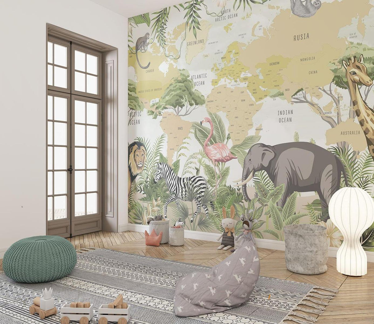 Safari Animals Mural Wallpaper | World Map with Jungle Wildlife