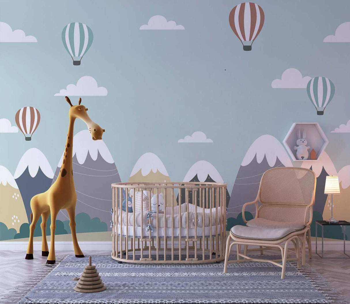 Mountain Mural Wallpaper | Hot Air Balloons and Snowy Peaks