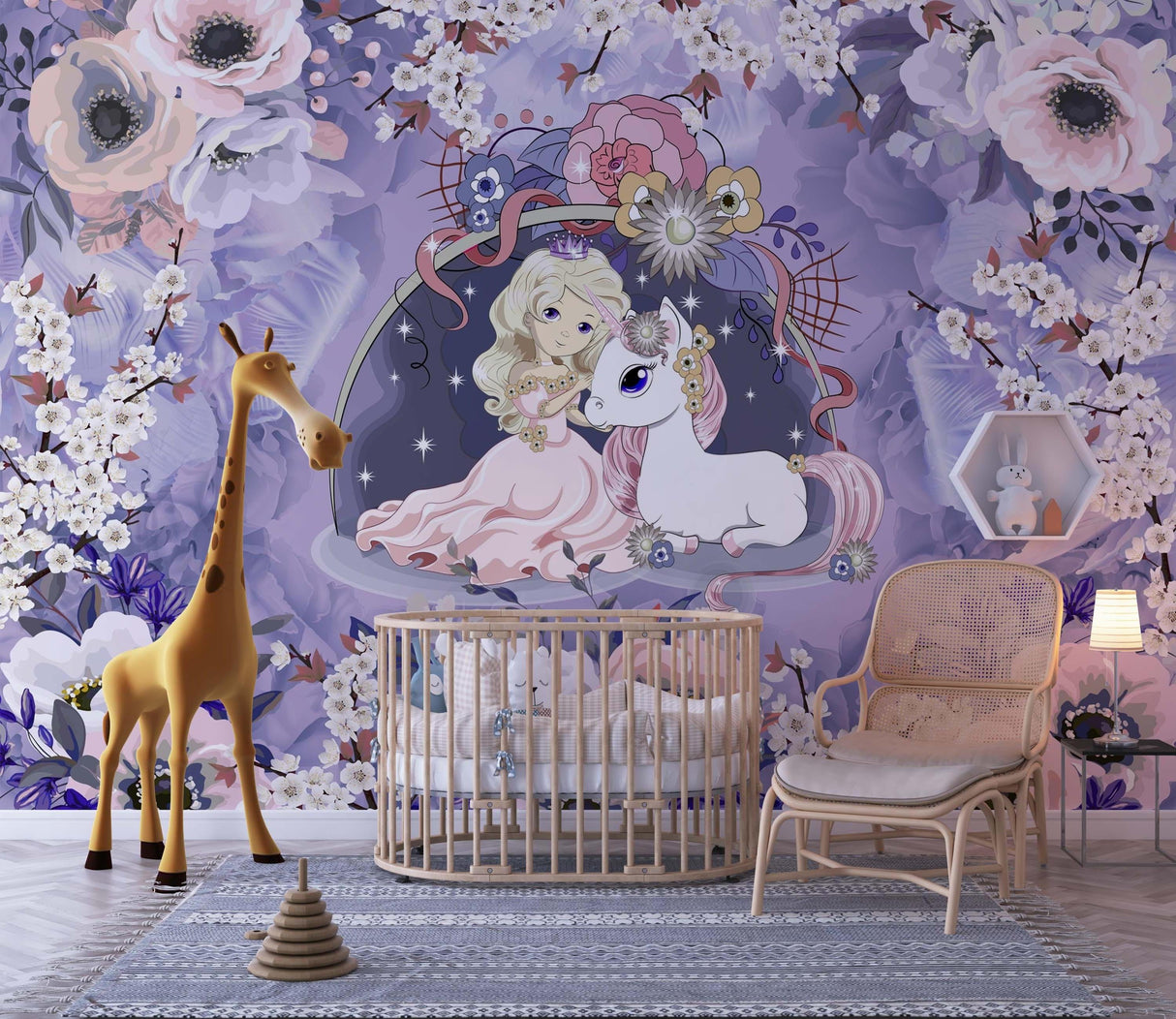 Princess Mural Wallpaper | Magical Unicorn With Cherry Blossoms