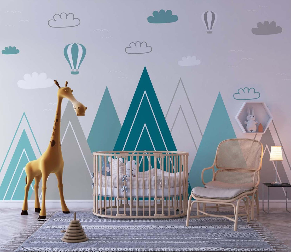 Mountain Mural Wallpaper | Turquoise Peaks with Hot Air Balloons