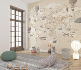 Papier Peint Mural Carte du Monde | Thème Aventure Vintage avec Montgolfières
