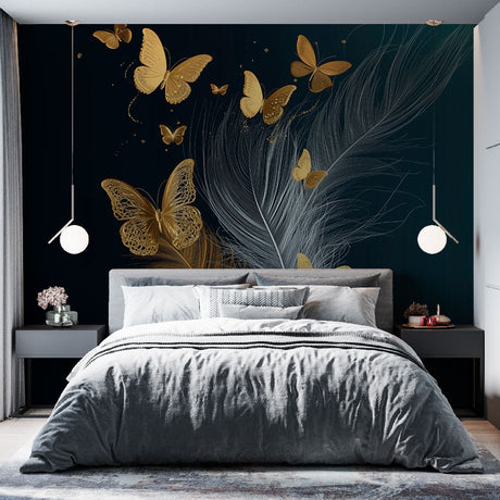 Butterfly Mural Wallpaper  Golden Wings and Feathers Design - Premium wallpaper design showcase