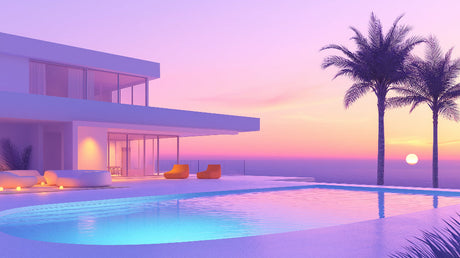 Sunset Mural Wallpaper  Modern Villa With Pool Paradise - Detailed wallpaper pattern view