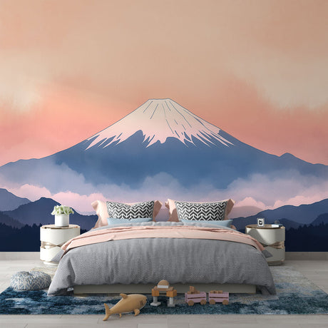 Mountain Mural Wallpaper  Mount Fuji Sunset in Pink and Blue - Premium wallpaper design showcase