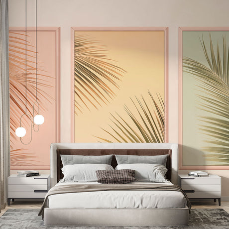 Palm Leaves Mural Wallpaper  Triptych Pastel Tropical Art - Premium wallpaper design showcase
