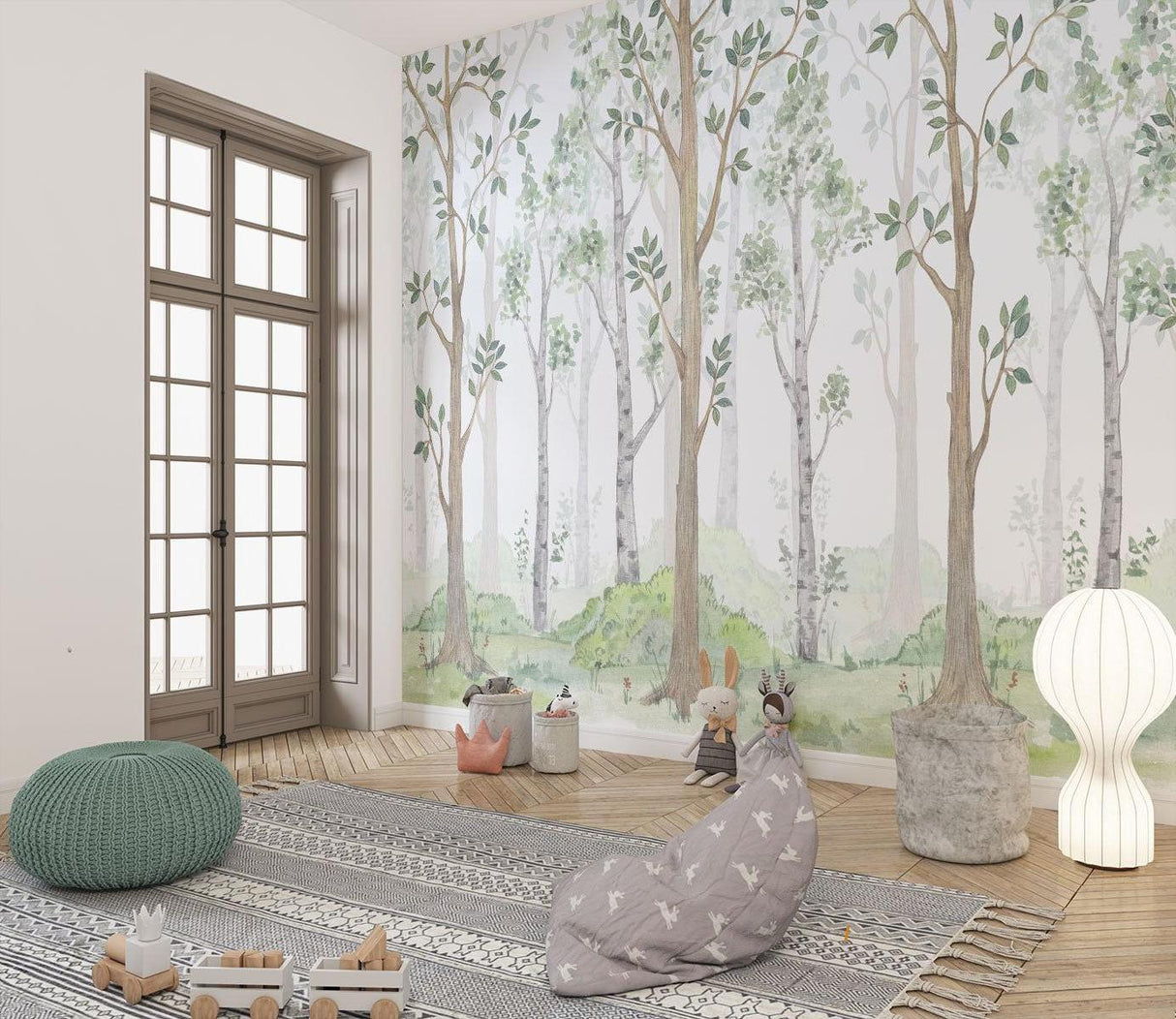 Forest Mural Wallpaper | Watercolor Tree Design With Green Leaves