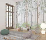 Forest Mural Wallpaper | Watercolor Tree Design With Green Leaves