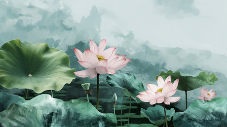 Lotus Mural Wallpaper  Pink Blooms on Misty Green - Detailed wallpaper pattern view