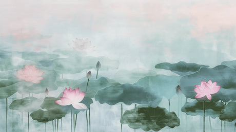 Lotus Mural Wallpaper  Watercolor Pink and Green Design - Detailed wallpaper pattern view
