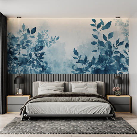 Blue watercolor leaf wallpaper creating a serene atmosphere in a modern living room