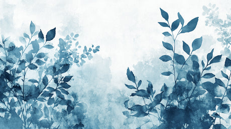 Design file showing delicate blue watercolor leaf pattern on white background