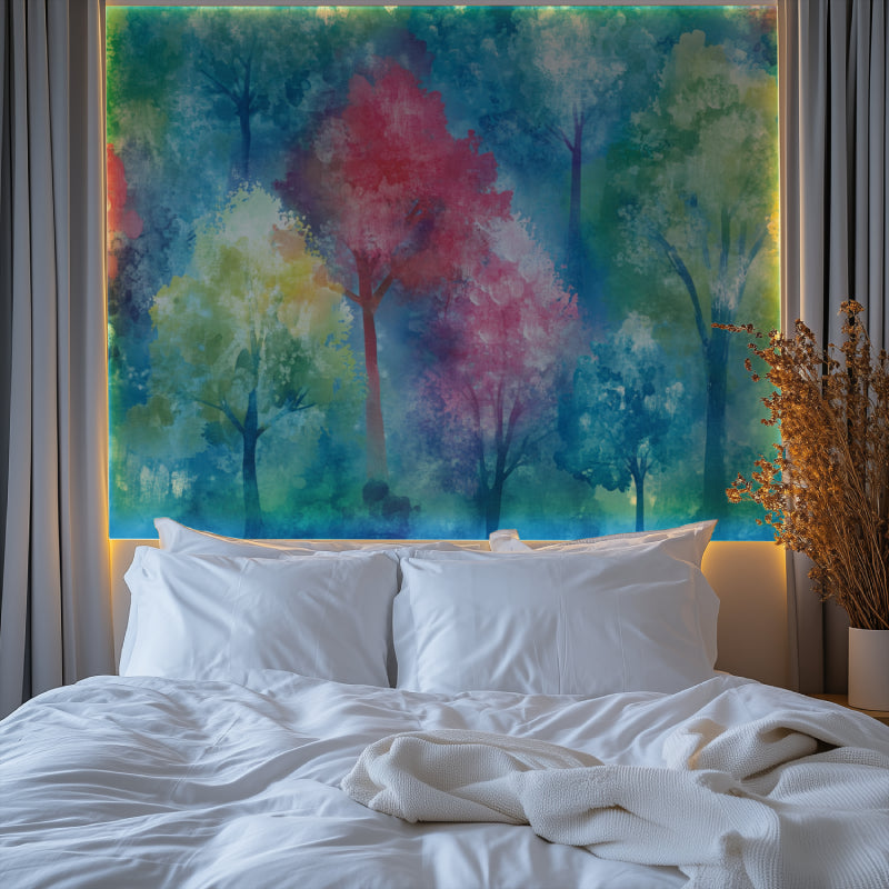 Blue and pink watercolor tree wallpaper in a cozy bedroom setting with natural light