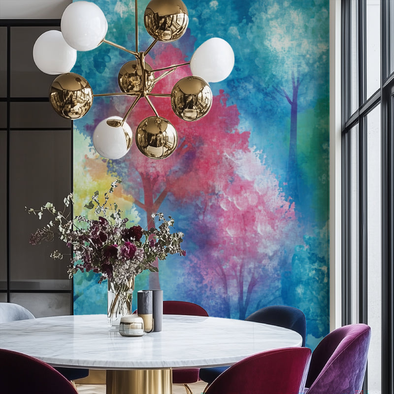 Forest wall mural in a home office showing the scale of the watercolor trees