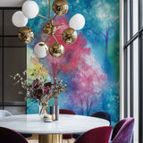 Forest wall mural in a home office showing the scale of the watercolor trees