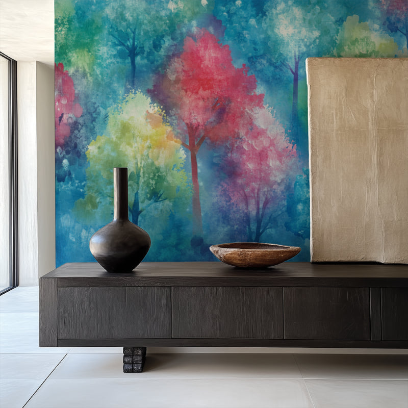 Watercolor forest wallpaper bringing color to a minimalist dining room