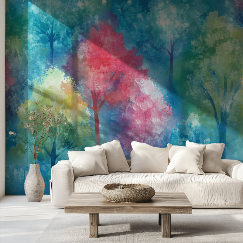 Artistic tree mural installed in a meditation room with soft lighting