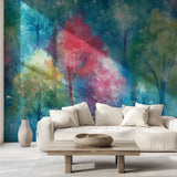Artistic tree mural installed in a meditation room with soft lighting