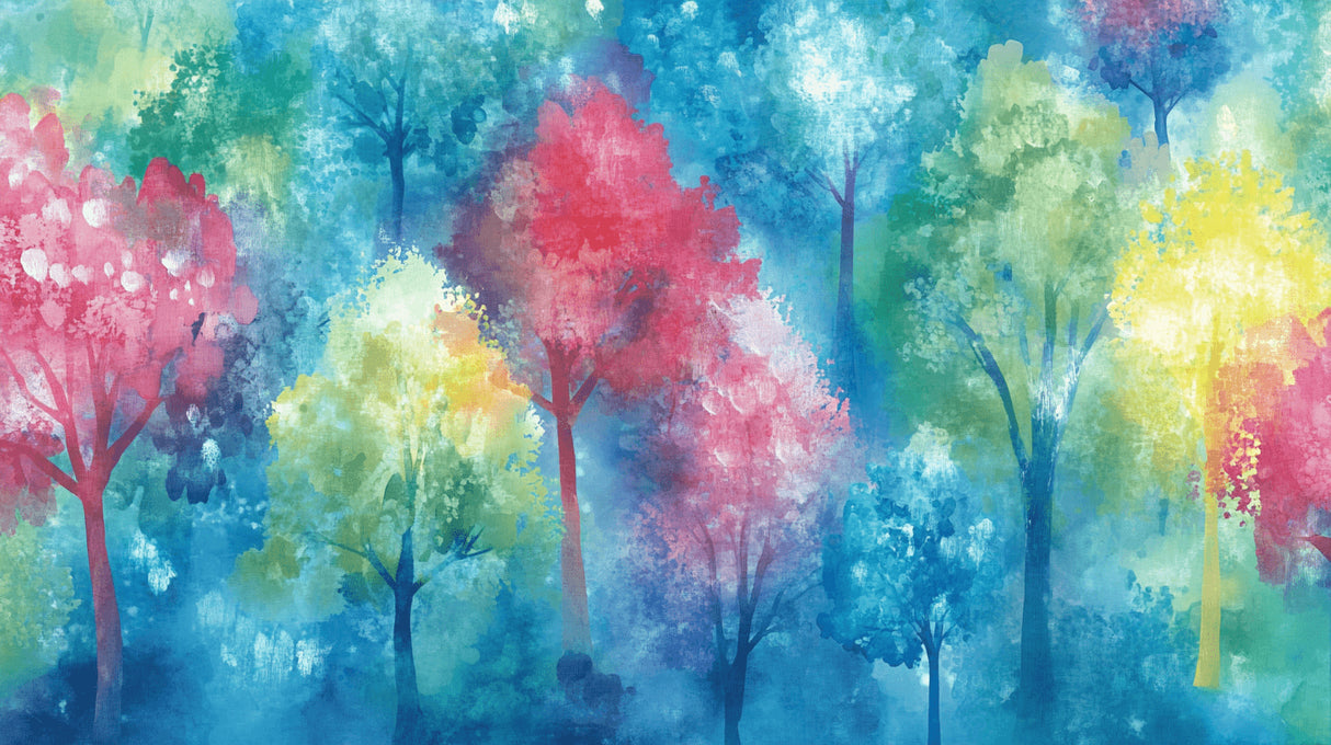 Watercolor Forest Wallpaper design file showing the full pattern with vibrant blue and pink tones