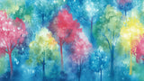 Watercolor Forest Wallpaper design file showing the full pattern with vibrant blue and pink tones