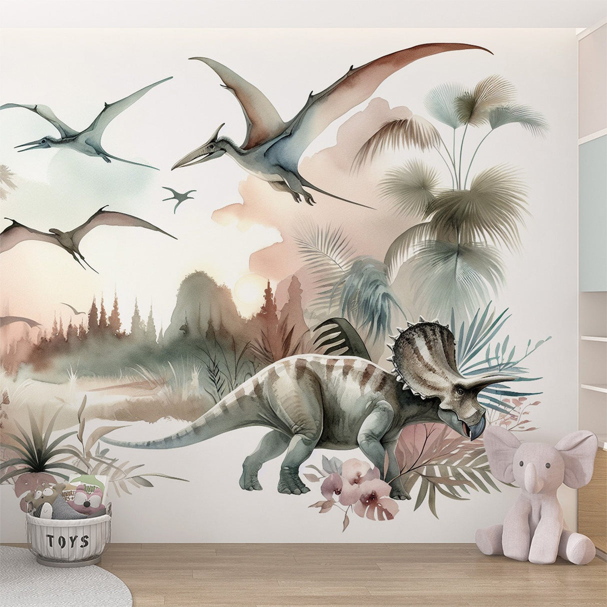 Dinosaur mural wallpaper with watercolor triceratops bringing charm to a bright modern nursery with white furniture