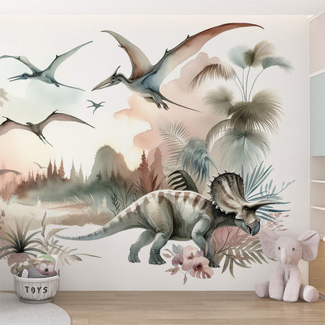 Dinosaur mural wallpaper with watercolor triceratops bringing charm to a bright modern nursery with white furniture