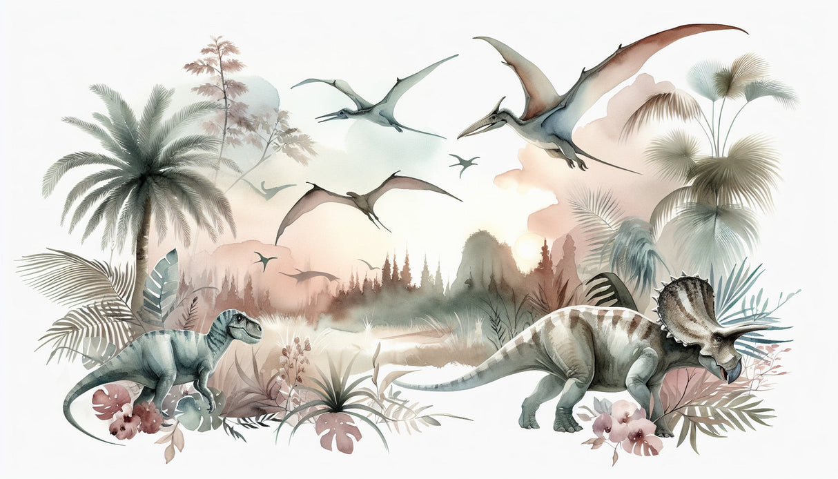 Watercolor Jurassic Scene design file showing full prehistoric pattern with gentle earth tones