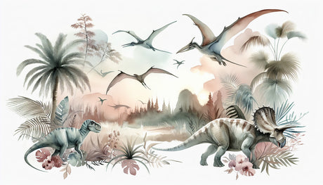 Watercolor Jurassic Scene design file showing full prehistoric pattern with gentle earth tones